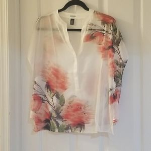 Chicos black label sheer white floral top small